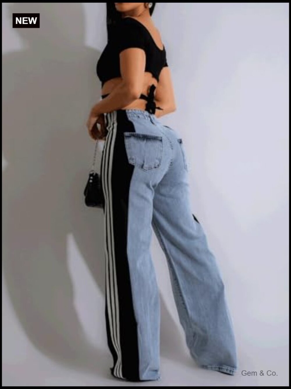 Womens High Waisted Wide Leg Jeans with Patchwork Stripes Stretchy Denim - Picture 2 of 7